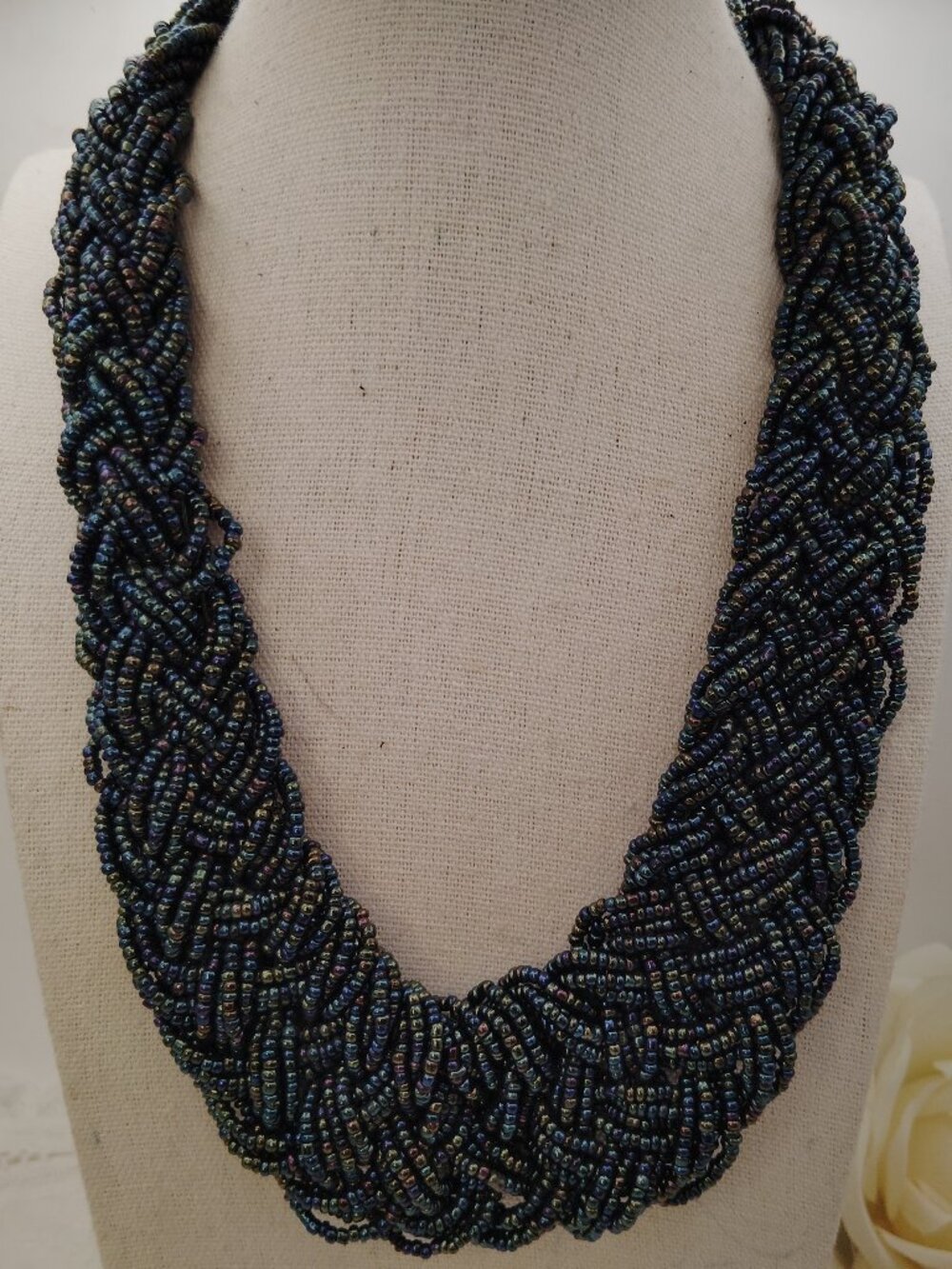 Vintage Peacock Braided Seed Bead Statement Necklace